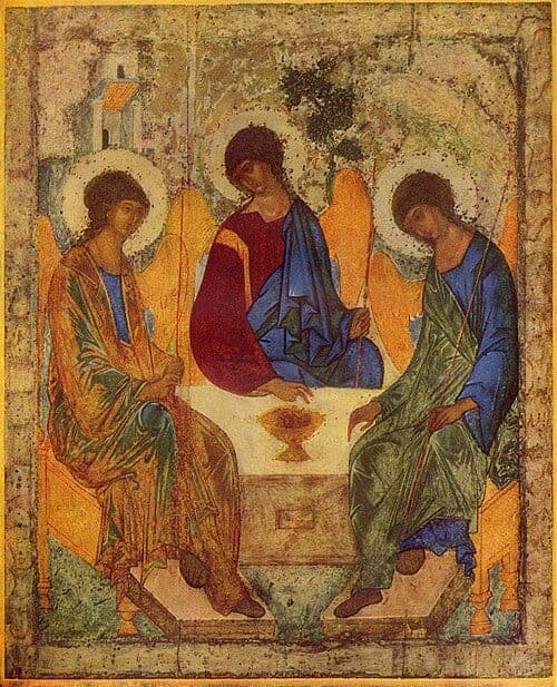 Šventosios Trejybės atnešimas Sergijus Lavra Šventosios ir gyvybę teikiančios Trejybės paveikslas, nutapytas šv. Andrejaus Rublevo